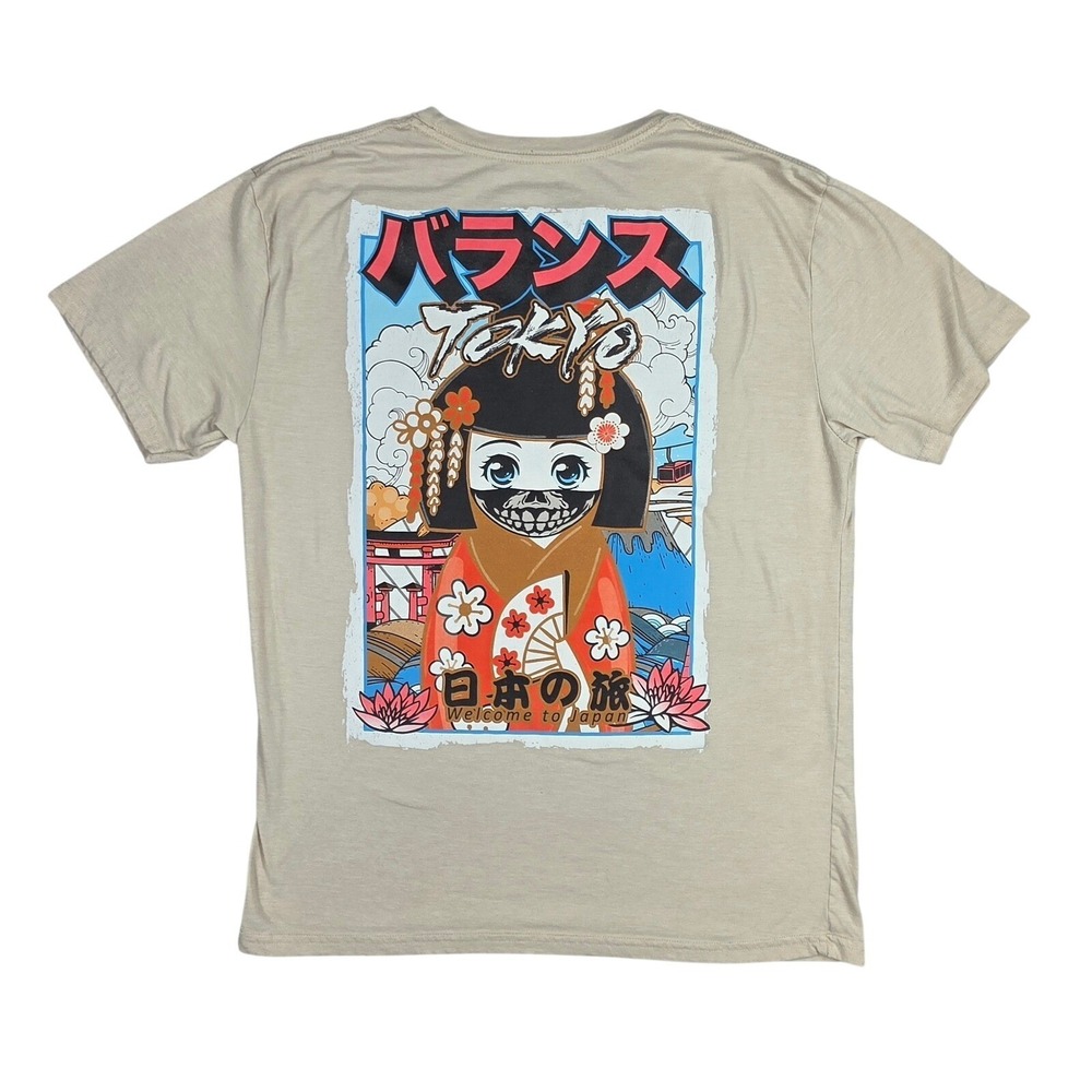 Vibes Tokyo Japan Geisha Skull Graphic T-Shirt Tan Mens Large Short Sleeve Tee